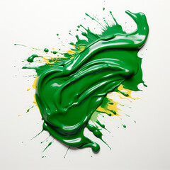 paint splashes. A dynamic swirl of green paint with yellow splashes against a white background,...