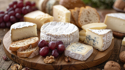 A variety of cheeses on a platter with grapes and nuts.