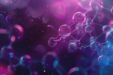 Close-up of 3D molecules with a bokeh light effect on a purple background