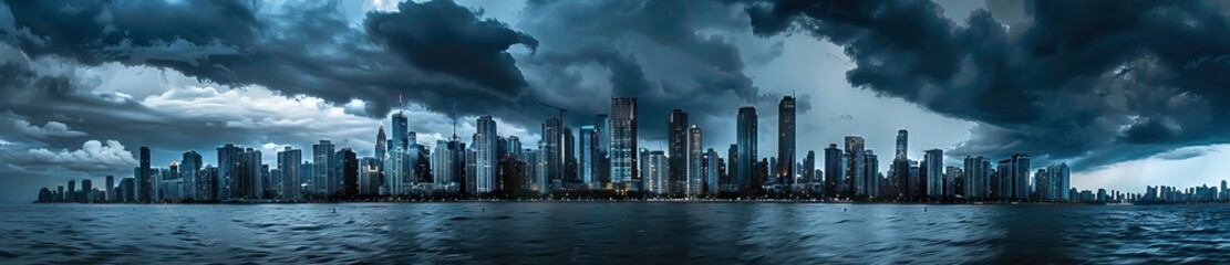 Fototapeta na wymiar panoramic photo of an ominous city skyline, dark storm clouds overhead, skyscrapers towering over the urban landscape. AI generated illustration