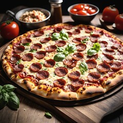 Pizza. For food market or restaurant. Background for design, print, card, banner, poster, flyer, advertising, wallpaper, menu.
