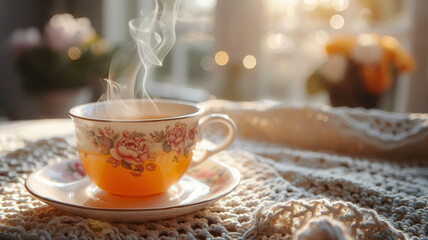 A steaming tea cup in morning light - obrazy, fototapety, plakaty