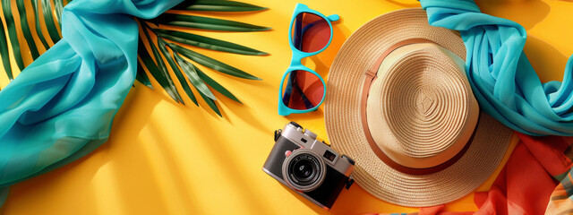 Un layout piatto vivace e colorato di elementi essenziali dell'estate, tra cui un cappello a tesa larga, occhiali da sole, una sciarpa colorata e una fotocamera digitale, sfondo estivo e copy space