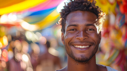 Young man smiling at market - obrazy, fototapety, plakaty