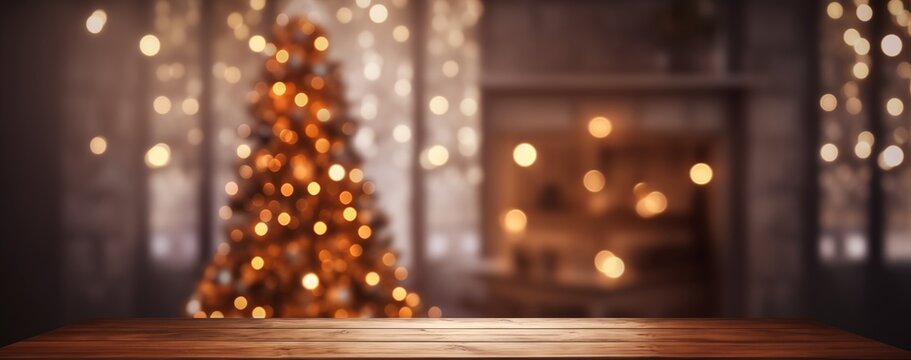 Christmas and new year festive wooden background with iluminated Christmas tree and fireplace and LED lights decorated tabletop for showcase display advertising campaign