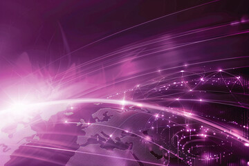 Purple abstract light lines over a dark global network background