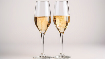 Two glasses of sparkling champagne on a neutral background, perfect for celebrations and festive occasions, suitable for event planning and hospitality businesses. two glasses of champagne