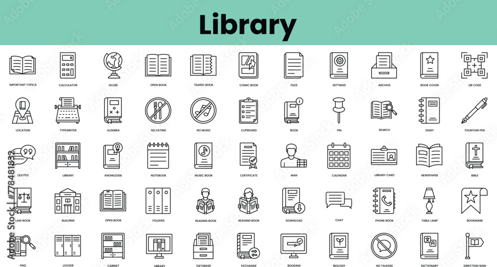 Wall mural Set of library icons. Linear style icon bundle. Vector Illustration - Wall murals