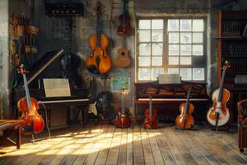 An atmospheric school music room with various musical instruments, including violins, guitars, and a piano, waiting silently for the next class.