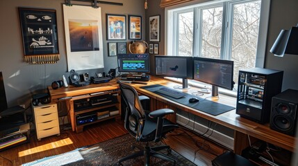 Home office setup with dual monitors and organized desk
