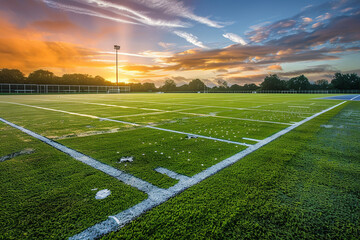 An early morning shot of a school sports field, with freshly painted white lines and dew still...