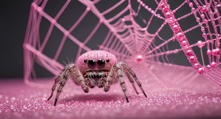 a small furry spider with big eyes on a pink background