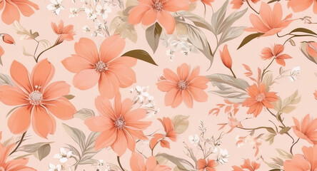 peach-colored flowers and green leaves on a beige background
