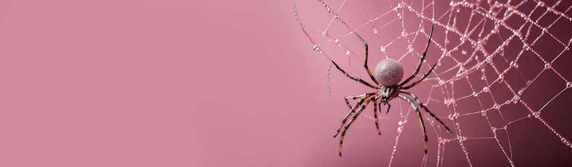 A spider with a pearly body hangs on a web on a solid pink background - obrazy, fototapety, plakaty