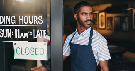 Man, business owner and restaurant with closed sign, thinking or check at startup, food or barista....
