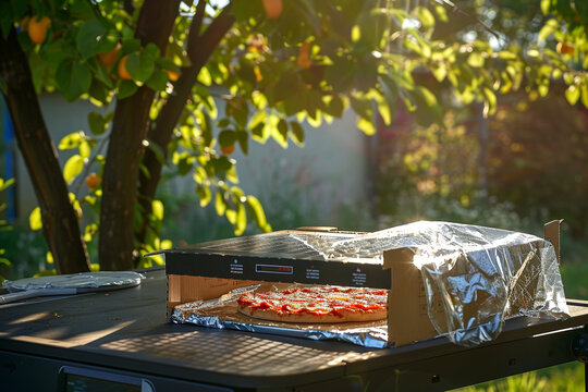 An image of a DIY solar oven made from a pizza box, aluminum foil, and plastic wrap, set outside under the sun, illustrating a renewable energy experiment for kids.