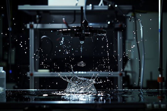 An image of a high-speed camera setup capturing the moment of a water droplet impact, illustrating the physics of fluid dynamics, set in a dark, controlled laboratory environment.