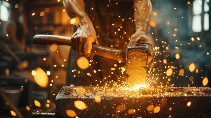 Blacksmith working with hammer and anvil. - obrazy, fototapety, plakaty
