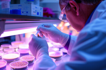 An image of a scientist observing the effects of different antimicrobial agents on bacterial growth...