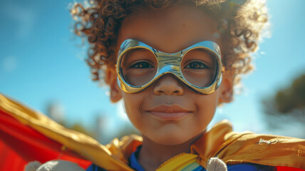 Young boy in superhero costume with goggles. - Powered by Adobe
