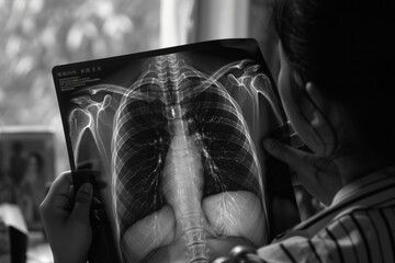 Woman doctor hands holding patient chest x-ray film before treatment.Image lung at radiology department in hospital.Covid-19 scan body xray test detection for covid virus epidemic spread concept. - obrazy, fototapety, plakaty