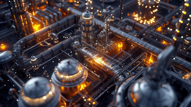 A petrochemical plant with complex distillation columns and storage tanks, currently still but ready to process petroleum into various chemical compounds