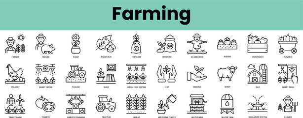 Set of farming icons. Linear style icon bundle. Vector Illustration