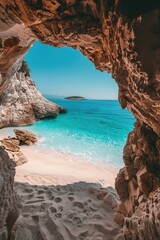 a cave with a beach and a rock formation with a beach in the background