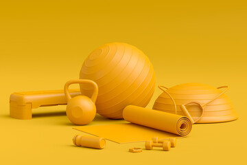 Isometric view of sport equipment like kettlebell, fitness ball and yoga mat