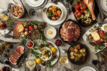 Delectable European cuisine spread, overhead view of elegant dinner party table setting, gourmet food photography