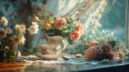 A vintage teacup amidst flowers in sunlight - obrazy, fototapety, plakaty