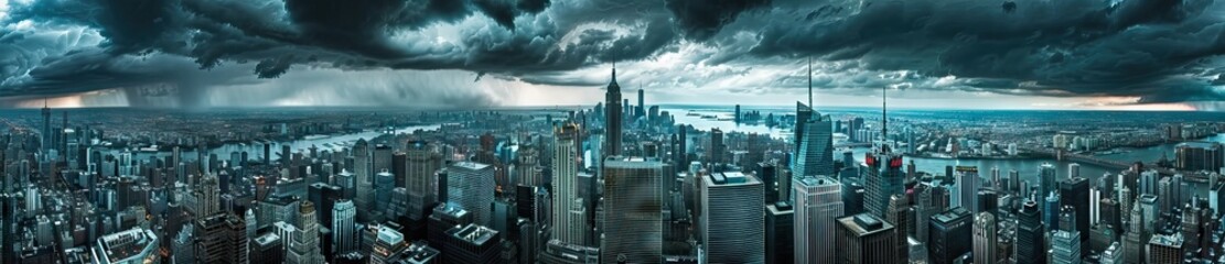 panoramic photo of an ominous city skyline, dark storm clouds overhead, skyscrapers towering over the urban landscape. AI generated illustration