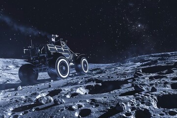 Lunar surface exploration, moon rover traversing cratered terrain, space technology and discovery, digital illustration - obrazy, fototapety, plakaty