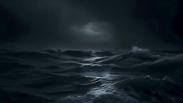 A dark stormy sea with waves under a night sky
