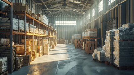 A spacious warehouse with neatly stacked pallets of products, waiting to be shipped out
