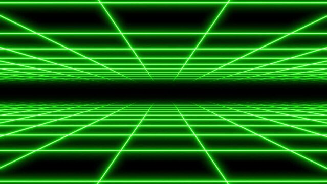 4K Double Parallax Retro Abstract VJ Motion Background Loop Inspired by 1980's: Infinite Flight Over Glowing green Neon Square Grid, 3D Abstract 1980's Retrowave Cyberpunk Background with Neon Perspec