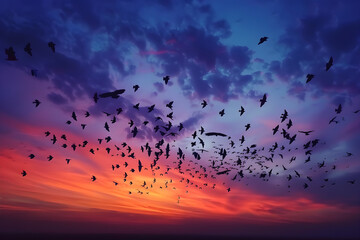 Epic Sunset Migration: Thousand Birds Streaking Across Vibrant Evening Sky