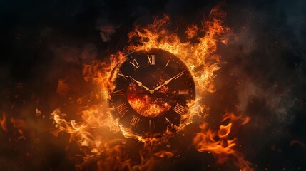 Clock surrounded by intense flames, symbolizing urgency, time passing or deadline pressure - obrazy, fototapety, plakaty