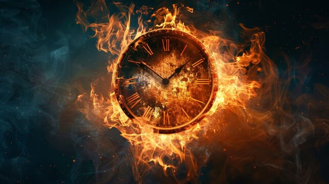 An intriguing clock engulfed in cool blue flames and smoke, depicting a contrast of fire and ice or conflicting emotions