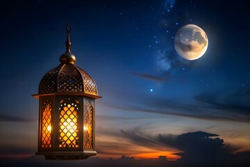 celebration of islamic eid mubarak and eid al adha,eid ul fitr lantern in a night background copy space