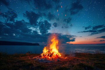 Campfire Burning Brightly in Open Field at Night