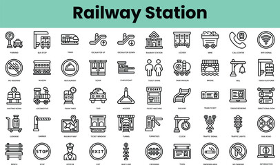 Set of railway station icons. Linear style icon bundle. Vector Illustration