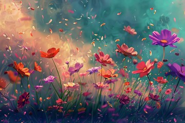 Fototapeta na wymiar Whimsical field of colorful flowers with petals floating in breeze, enchanting fairy tale landscape, digital painting