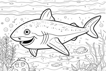 Smiling shark and fish underwater coloring page for children. Black and white picture. AI Generated 