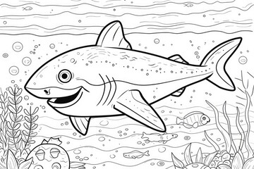 Fototapeta premium Smiling shark and fish underwater coloring page for children. Black and white picture. AI Generated 