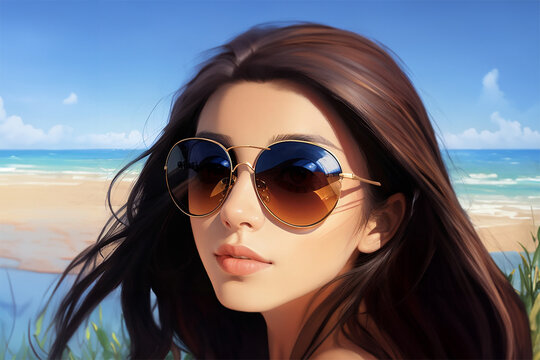 portrait of a person on the beach, woman with sunglasses enjoying the sun near the ocean