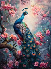 colorful peacock with pink flowers - 778484627