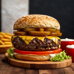 Burger. For food market or restaurant. Background for design, print, card, banner, poster, flyer, advertising, wallpaper, menu.