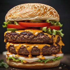 Burger. For food market or restaurant. Background for design, print, card, banner, poster, flyer, advertising, wallpaper, menu.