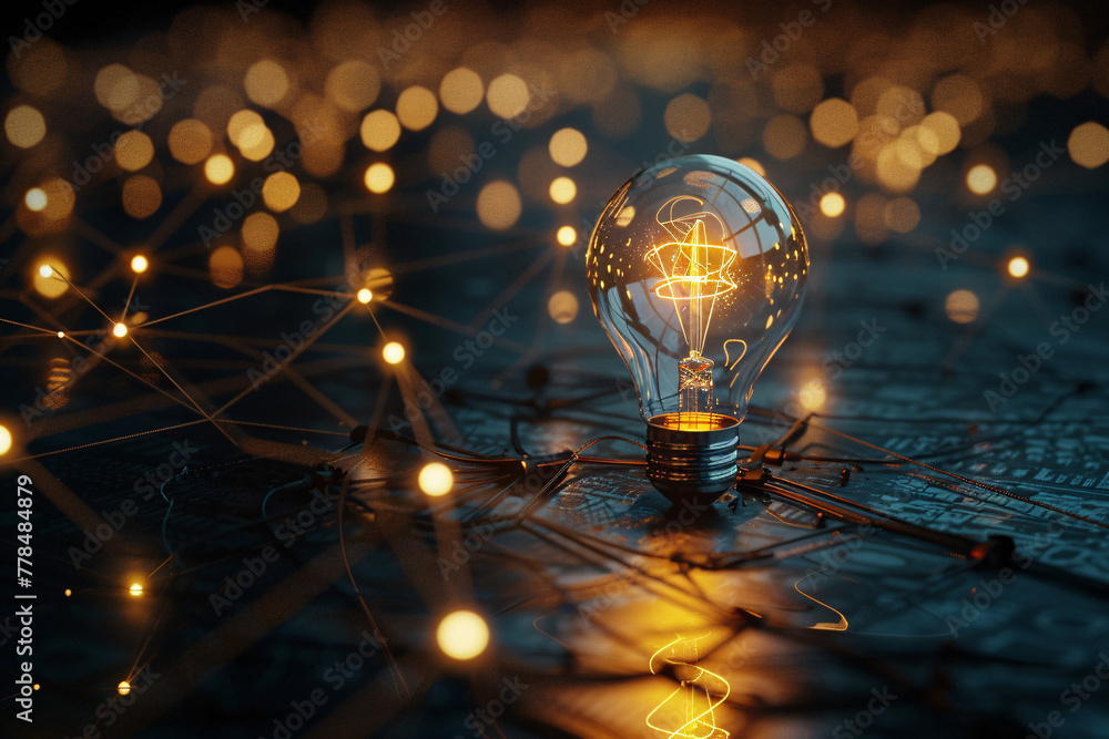 Poster light bulb on a circuit board with connecting light nodes